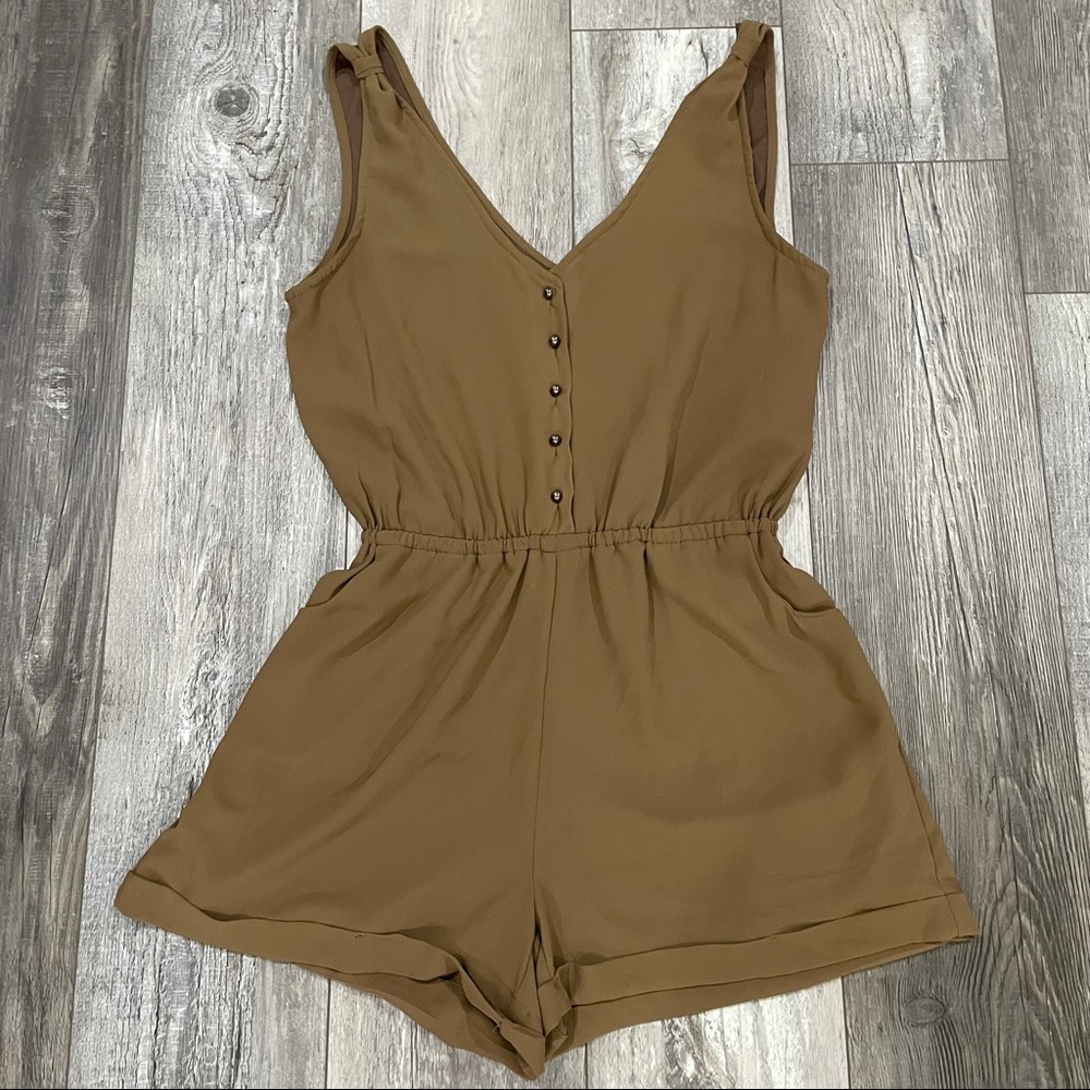 Brown button up with pockets romper jumpsuit shorts